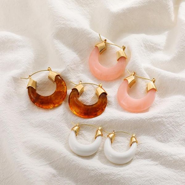 Brincos de argola resina em formato de u banhado a ouro para mulheres aço inoxidável rosa pedra natural huggie joias para orelha presentes de casamento