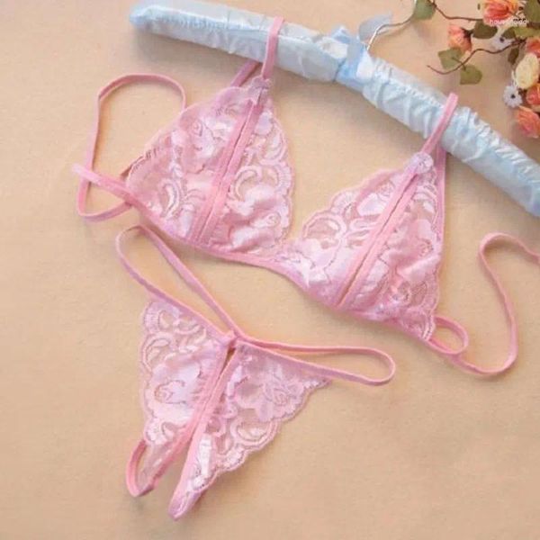 Sutiãs Sexy Lace Lingerie Set Mulheres Ver através Exótico Virilha Aberta Transparente Roupa Interior G-String Bandage Bikini Três Pontos