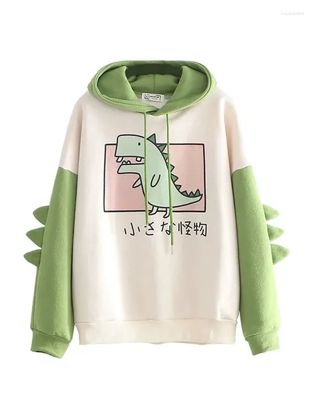 Felpe con cappuccio da donna Felpa con cappuccio oversize con dinosauro Cartoon Felpa moda donna Stampa casual Stile coreano Addensare Top Dino invernali