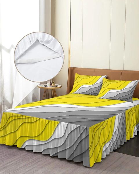 Saia de cama amarelo cinza gradiente geométrico abstrato elástico colcha com fronhas capa de colchão conjunto de cama lençol