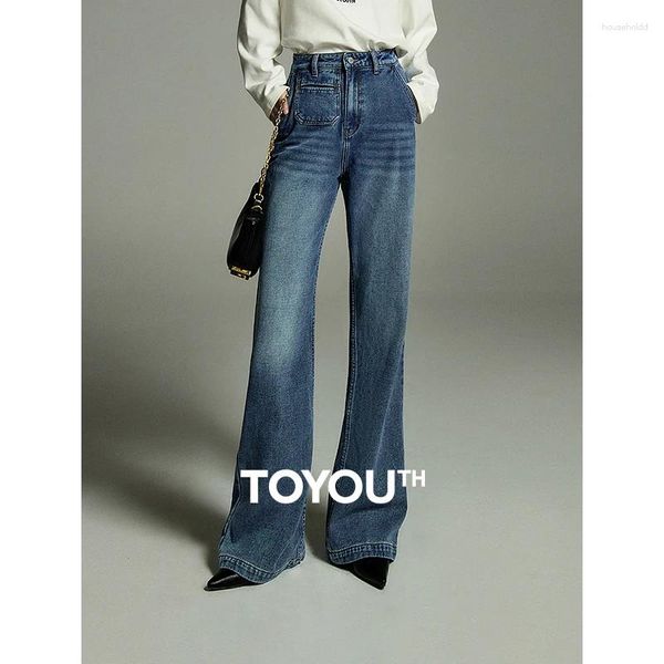 Kadınlar Kot Toyouth Kadınlar 2024 Kış Yüksek Bel Geniş Bacaklı Pantolon Moda Trendi Minimalist çok yönlü mikro alevli kot pantolon