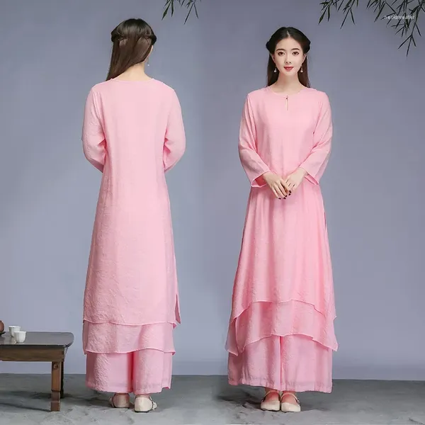 Abbigliamento etnico Rosa dolce vintage pantaloni lunghi a gamba larga completo casual sciolto elegante donna stile cinese set a due pezzi Zen semplice solido