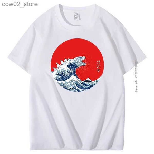 Herren-T-Shirts Herren-T-Shirt Hokusai Gojira Baumwoll-T-Shirt Great Wave off Kanagawa Vintage-Grafik-T-Shirts Sommer-Herren-Kurzarm-T-Shirt Q240201