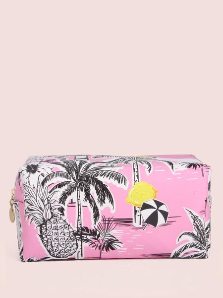Kozmetik Çantalar 1 adet büyük kapasiteli pembe limon ananas hindistan cevizi ağacı yaz desen çantası