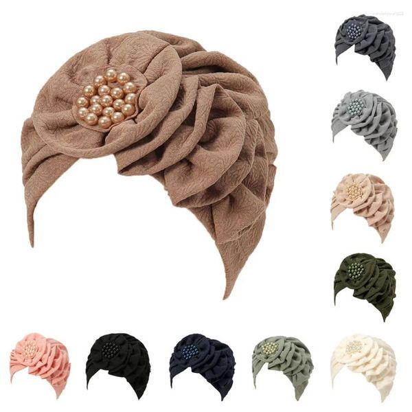 Roupas étnicas Flor Mulheres Muçulmanas Quimio Perda de Cabelo Cap Hijab Pearl Beads Turban Headwear Envoltório Cachecol Árabe Islâmico Bonnet Capa Câncer