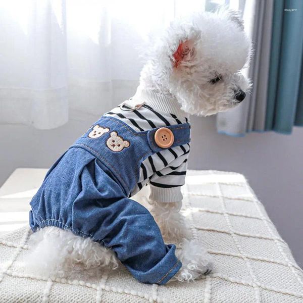 Cão vestuário animal de estimação macacão retalhos adorável quatro pernas dos desenhos animados urso padrão gato macacão denim roupas gerais decorativas