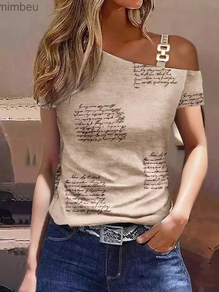 T-shirt da donna T-shirt casual Top Donna 2023 Moda alla moda Estate femminile Lamiere in metallo con spalle scoperte Slim Top All-Match Pullover a contrasto di colore L240201