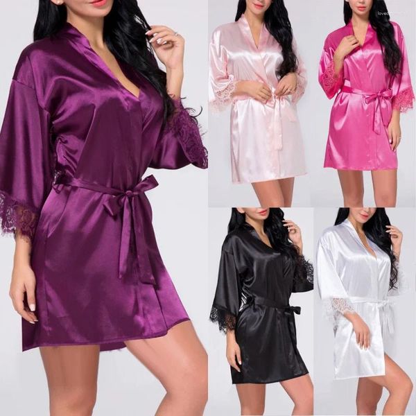 Mulheres sleepwear moda mulheres nightdress sexy longo laço lingerie banho robe vestido imitação gelo seda cor sólida camisola nightwear