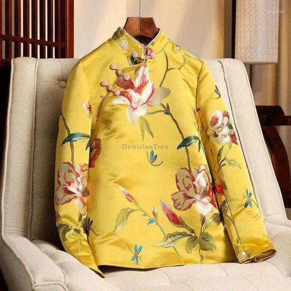 Ethnische Kleidung 2024 Winter Mode Stickerei Frauen Cheongsam Jacke Clip Baumwolle Thicked Chinesischen Tang-anzug Baumwolle gepolstert W73