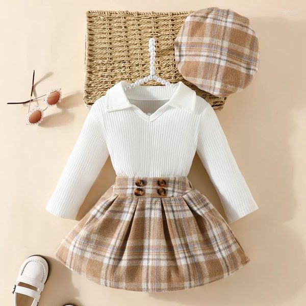Conjuntos de roupas para bebês meninas outono roupas cor sólida gola virada para baixo camisetas de manga comprida tops saias xadrez boina boné 3 peças conjunto de roupas