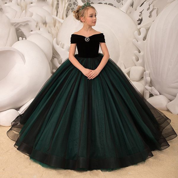 Neue 2024 Ballkleid-Blumenmädchenkleider aus Samttüll für Hochzeiten, Partys, Kleinkindermädchen, elegant, schulterfreier Tüll mit Perlen, bauschig, Erstkommunionkleider für Mädchen