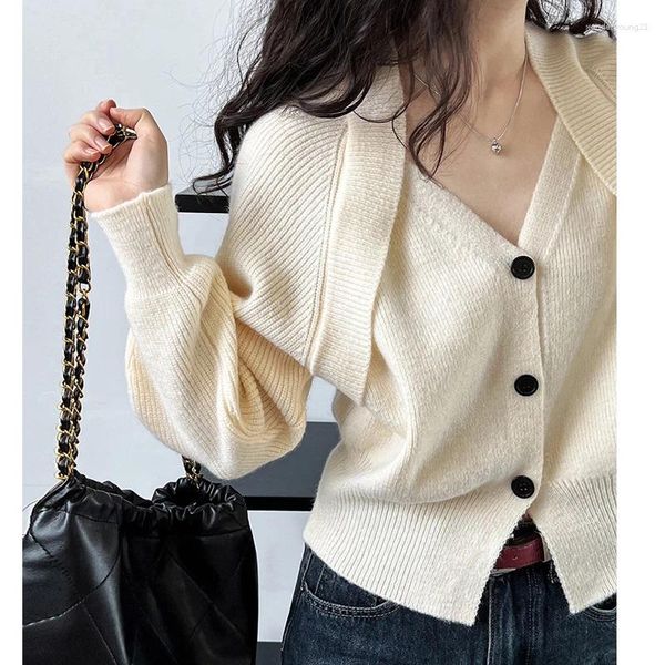 Damenstrick 2024 Damen Frühling Pullover gestrickt V-Ausschnitt Single Button Beige Mantel Strickjacken Tops Casual Korean Fashion Cape