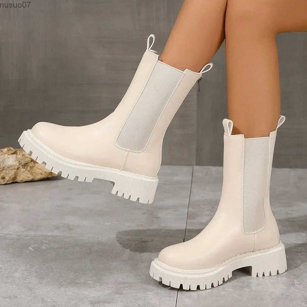 Outros sapatos curtos chelsea botas de fundo grosso salto de inclinação bege botas femininas de manga elástica sapatos femininos antiderrapantes botas femininas