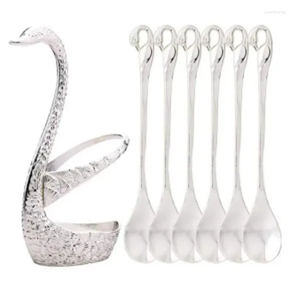 Garfos suporte de base de cisne, conjunto de frutas de aço inoxidável, colher de sobremesa, café, bolo, utensílios de mesa (6 peças)