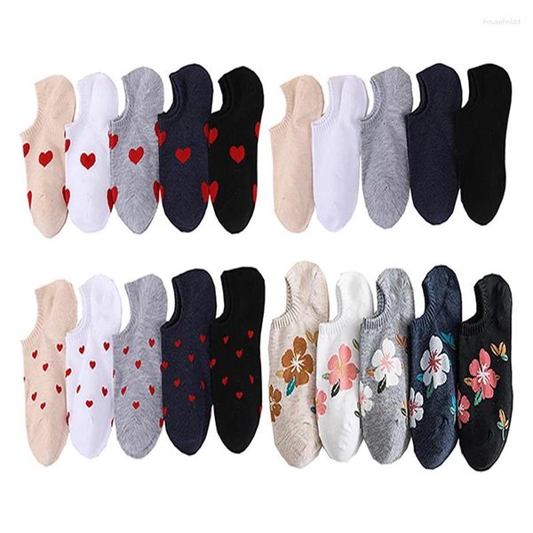 Frauen Socken 5 Paar Kawaii Knöchel Blume Liebe Herz Feste Kurze Sommer Baumwolle Mode Atmungs Kühlen Flachen Mund Sokken