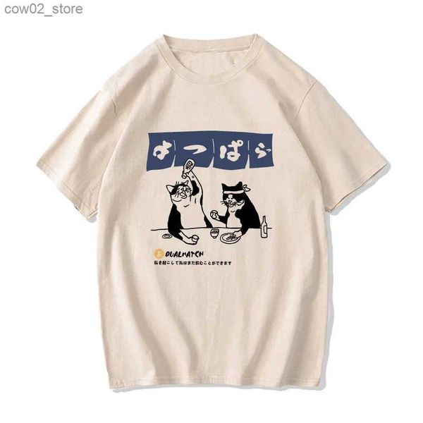 T-shirt da uomo T-shirt da donna Streetwear Harajuku giapponese T-shirt divertente con gatto che beve 100% cotone T-shirt estiva da cartone animato T-shirt unisex Hip Hop T-shirt Q240201