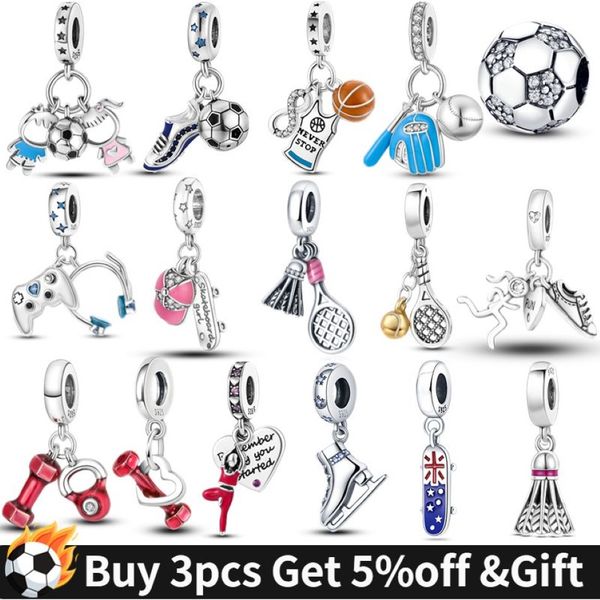 925 Sterling Silber baumeln Charme Frauen Perlen hochwertige Schmuck Geschenk ganze 2022 Welt Fußball Sport Fußball Hantel Yoga Be2725