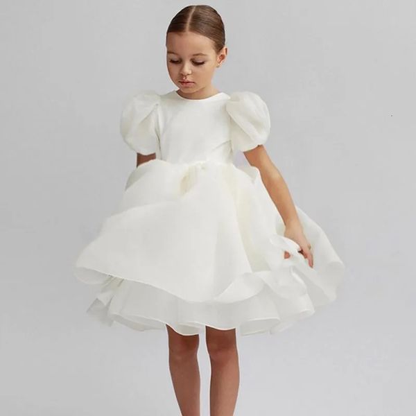 Flor meninas vestidos brancos para casamento sem costas elegante crianças festa de aniversário vestido de gala manga sopro crianças comunhão traje 240130