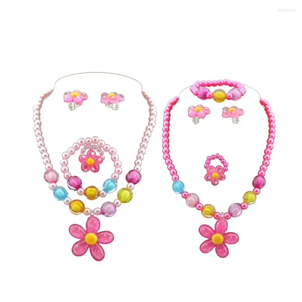 Halskette Ohrringe Set 2 Schmuck Kunststoff Blumen Design Armband Ring Ohrring Kit Cartoon Partybevorzugung für Mädchen Kinder