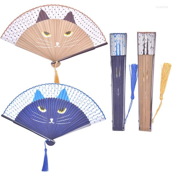 Estatuetas decorativas 1 peça de seda de desenho animado de gato, leques de mão estilo japonês, portátil, dobrável, cabeça pintada em spray, vento japonês