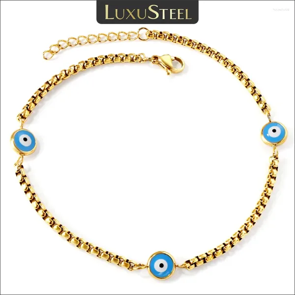 Tornozeleiras Luxusteel Lucky Turco Evil Eyes Tornozelo Pulseira para Mulheres Caixa Link Perna Cadeia Inoxidável Aço À Prova D 'Água Acessórios de Verão