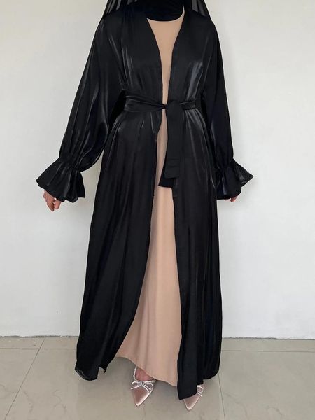 Abbigliamento etnico Abito Marocco Abaya setoso per le donne Maxi Abaya in raso Manica lunga Abito Caftano Dubai Cardigan nero Abiti lunghi Largo