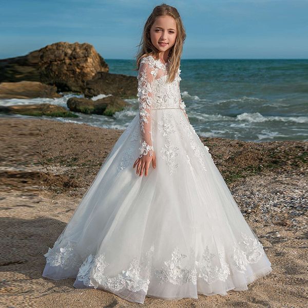 Neues Prinzessin-Blumenmädchenkleid aus weißer Spitze für die Hochzeit am Strand, langärmelig, maßgeschneidertes Mädchen-formales Stechpalmen-Kommunionkleid, Party-Prinzessin-Ballkleid-Hochzeitsfest-Kleid