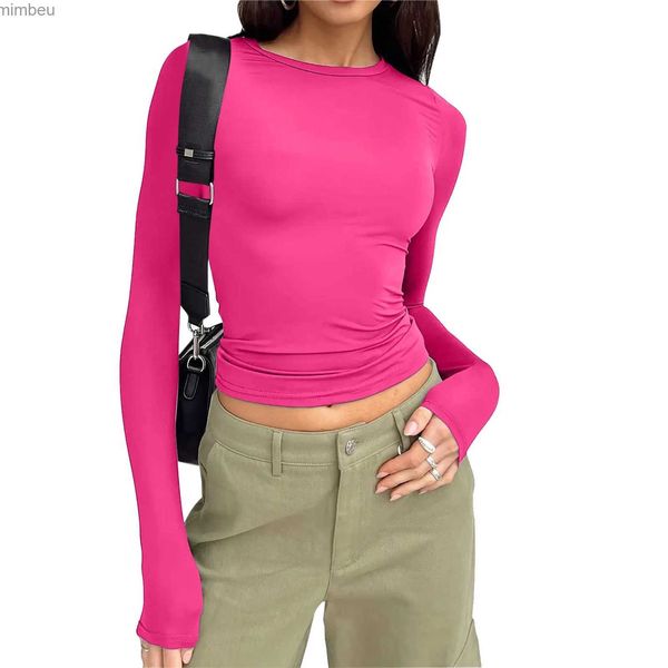 Damen T-Shirt Hot-Pink T-Shirt Frauen Frühling Damen Y2k Kleidung Solide Slim Mesh Sexy Slim Fit Skinny Cropped Langarm T-Shirts Ropa Mujer L240201