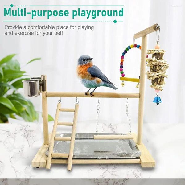 Outros suprimentos de pássaros Pássaros Papagaio Treinamento de madeira Perch Stand Playground Escalada Escada Balanço Brinquedos com Sinos Acessórios