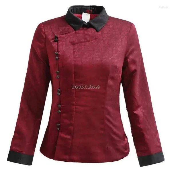 Roupas étnicas 2024 Tang Terno Feminino Estilo Chinês Retro Cheongsam Blusa Vermelho Slim-Fit Algodão Manga Longa Stand Collar Daily Qipao W83