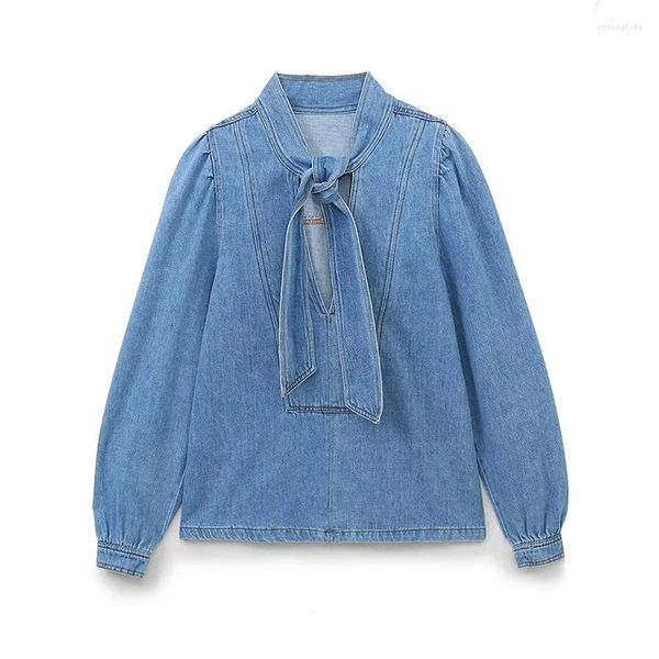 Damenblusen 2024 Damen gebundene blaue Denim-Bluse Langarm-weibliche Baumwoll-Blusas-Oberteile