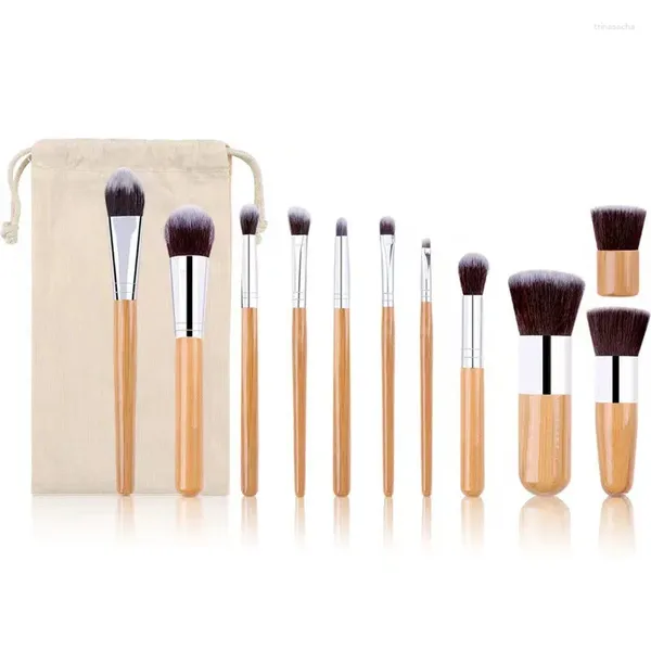 Pennelli per trucco 11 pezzi/set Set con manico in bambù naturale Strumento per trucco cosmetico per fondotinta di alta qualità con borsa in cotone