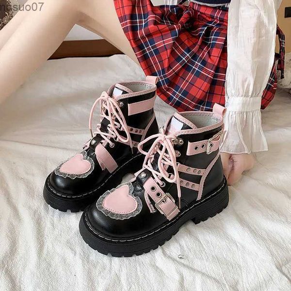 Stiefel Retro Lolita Japanisch Kawaii Rosa Schwarz Martin Stiefel Kurze Liebesschuhe 2023 Neue Plattform Wilde Gummikeilschuhe mit dicken Absätzen