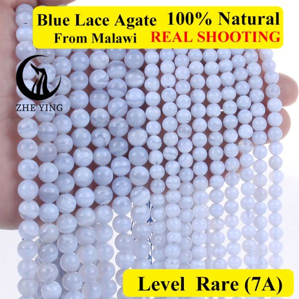 Stränge zhe ying 100% natürliche blaue Spitze Achates Steinperlen runden losen Perlen für Schmuck Herstellung von Nadelperlen DIY -Armband 15 '' ''