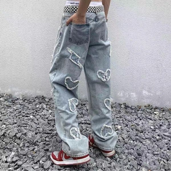 Herren Jeans Y2k Retro Washed Old Love Pattern Patch Raw Edge Loose Wide Leg Pants Joggers Männer Hosen Hip Hop Streetwear