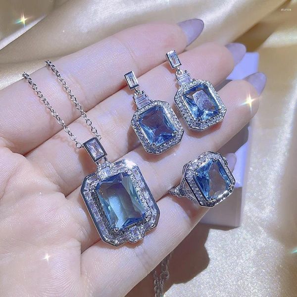 Kolye küpeleri set mavi kadın takılar yaratılmış aquamarine topaz damla küpe yüzüğü setler moda parti aksesuarları