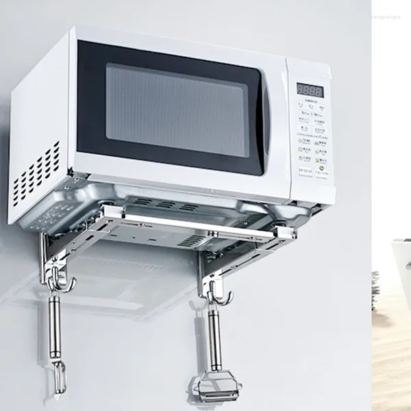 Armazenamento de cozinha aço inoxidável microondas dobrável forno prateleira rack suporte quadro estiramento ajustável suporte de montagem na parede