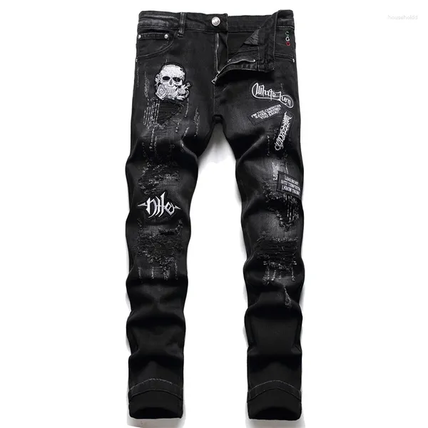 Jeans masculinos primavera outono 2024 rasgado preto moda crânio bordado magro estiramento calças boate motocicleta tendência roupas