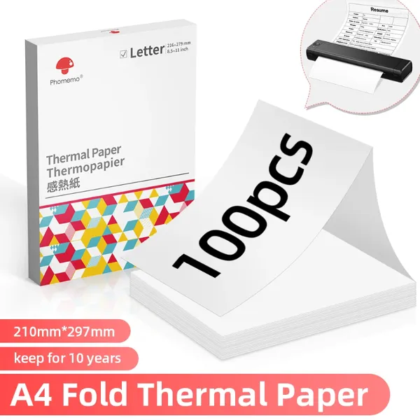 Fogli Phomemo A4 Carta termica Piegatura Stampa continua adatta per stampante M08F Conservazione a lungo termine