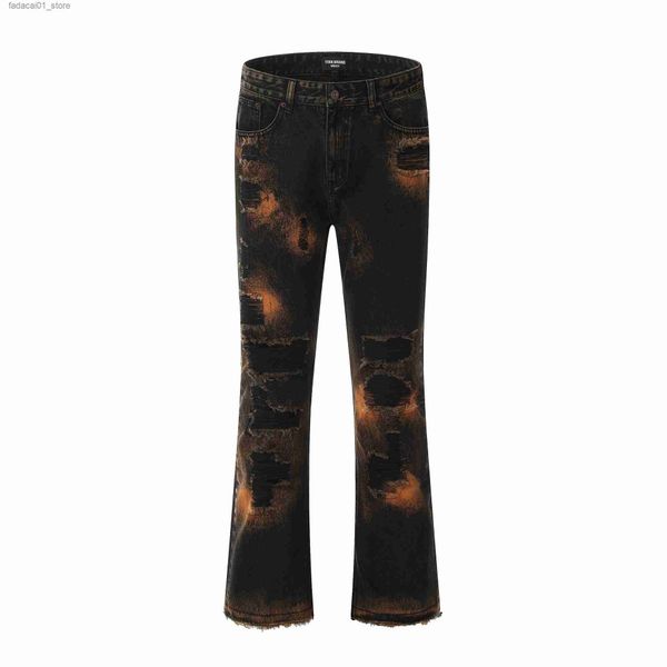 Herrenjeans Y2k Batik-Röhrenjeans zerrissen für Herren Washed Torn Micro Flared Jeans Street Wear Hip Hop Big Destroyed Biker Denim Jeans Q240202