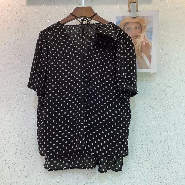 Женские блузки Шелковая блузка в горошек со съемной повседневной модой 2024 Летний стиль 0404