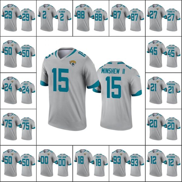 Jacksonville''Jaguars''Men #45 K'Lavon Chaisson 15 Gardner Minshew 20 Jalen Ramsey Personalizado Mulheres Juventude Prata Invertida Jersey