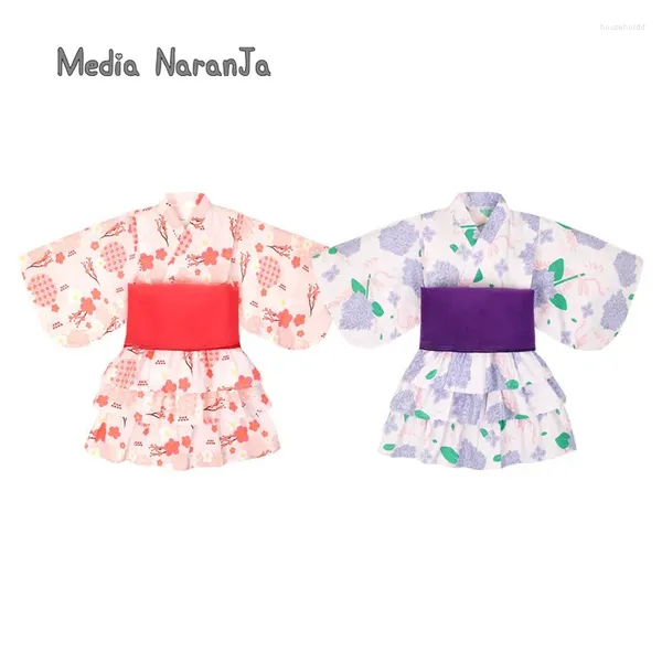 Conjuntos de roupas primavera e verão meninas terno bandagem top bolo camada saia quimono japonês