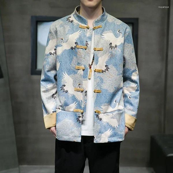 Этническая одежда, мужская куртка в китайском стиле, замшевая ткань, длинный рукав, воротник-стойка, вышитая пряжка, костюм Тан, улучшенное осеннее пальто Hanfu