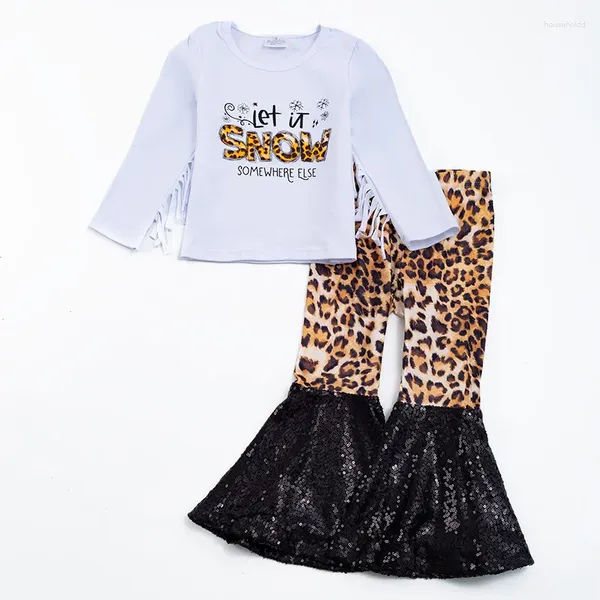 Set di abbigliamento Girlymax Natale Neonate Let It Snow Leopard Paillettes Pantaloni a zampa d'elefante Set nappe con volant Cotone per bambini