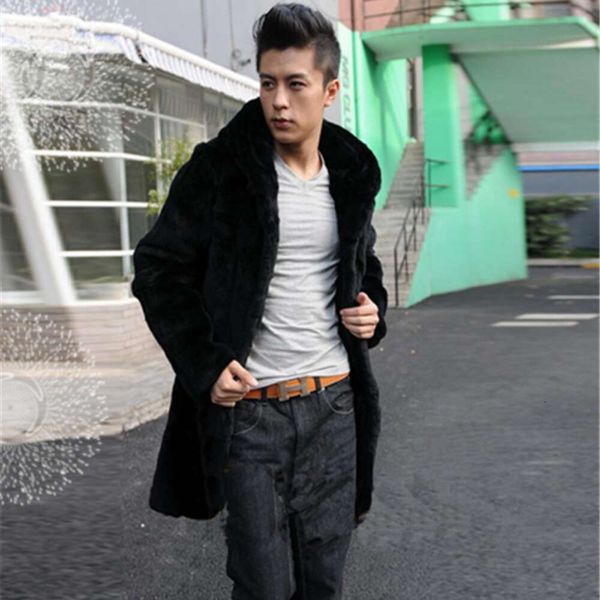 Masculino outono e inverno designer versão coreana casaco de pele com capuz comprimento médio jaqueta de couro falso para homem 67m9