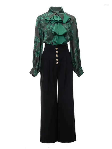 Conjunto de calças de duas peças femininas primavera de alta qualidade moda verde impressão plissado preto casual vintage longo bonito conjuntos de escritório