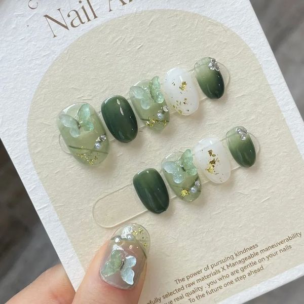 Handmade 3D Verde Fada Amêndoa Imprensa em Unhas com Cola Falso Prego Gradiente Borboleta Reutilizável Artificial Cobertura Completa Dicas de Unhas Arte 240201