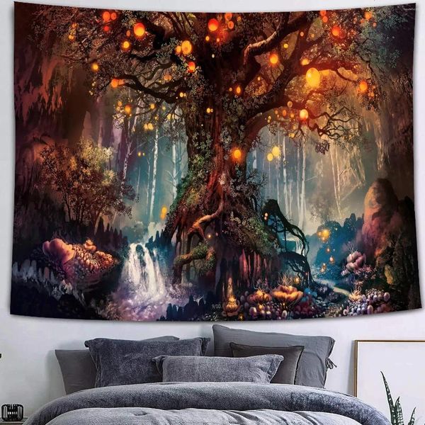 Arazzi Arazzo Castello Foresta di Funghi Fiaba Trippy Farfalla Colorata Appeso a Parete per Dormitorio Domestico Decorazioni Fantasia