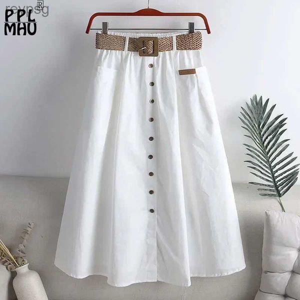 Röcke Koreanische Mode Gürtel Weiß Rock Frauen Große Größe 90 kg Elastische Taille Baumwolle Sommer Röcke Mittellange Einreiher A-linie Faldas YQ240201